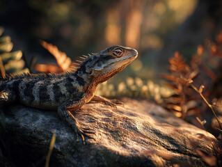 Obraz premium AI-generated image with a close-up of a realistic lizard on a rock in the forest facing sunlight 