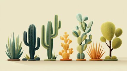 A whimsical arrangement of various stylized cacti and desert plants against a light beige backdrop