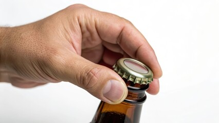 A hand opening a bottle with a metal cap, revealing a beverage inside.