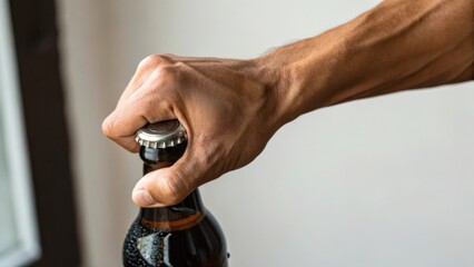 A hand gripping a bottle cap, preparing to open a beverage.