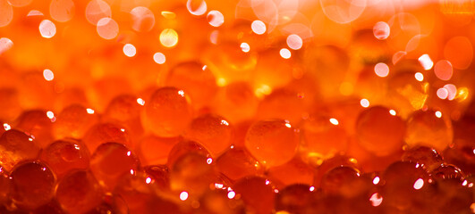 Red caviar background texture close up. Salmon caviar backdrop. Delicious gourmet food. Delicatessen. Texture of caviar. Seafood, macro shot, close up 