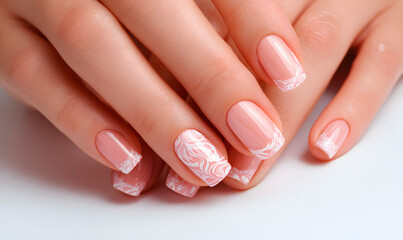 Elegant pink nails with white leaf art design