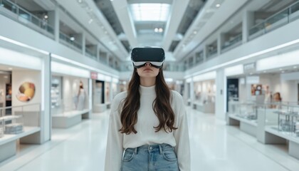 Young woman wearing VR headset in bright modern shopping mall. experience for clothes and accessories shopping. Futuristic digital technology for consumers, bright clean sleek interior.