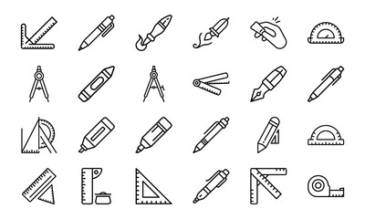 Vector icons of drawing and drafting tools for architecture engineering and design