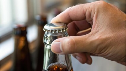 Hand opening a bottle cap, revealing a refreshing beverage inside.