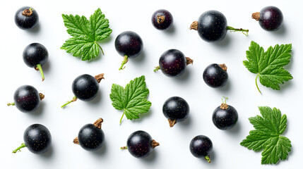 Black currant berries with leaves on a white background, top view isolated. Black berry fruits for healthy eating and skin care concepts.