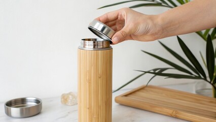Hand opening a bamboo thermos with a green plant in the background.