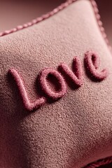 Soft pink cushion featuring hand embroidered love lettering, symbolizing romantic sentiment