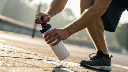 Active person opening a water bottle during an outdoor workout session.