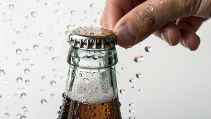 Refreshing drink being opened, with bubbles and droplets around the bottle.