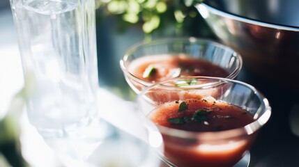 Vibrant summer garden lunch featuring refreshing watermelon gazpacho with mint and chilled sparkling water