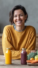 Happy mature woman promoting healthy eating habits while surrounded by vibrant detox juices and fresh produce, fully embracing a wellness lifestyle focused on nutrition and wellbeing