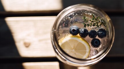 Refreshing fruit infused sparkling water filled with blueberries and lemon on a sunny wooden picnic table