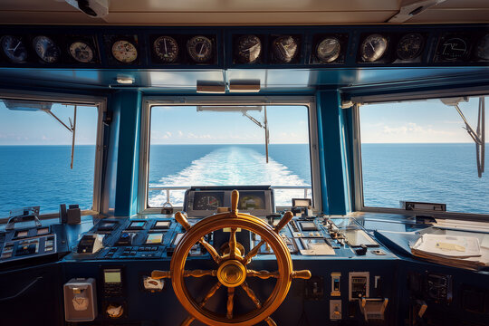 ship bridge with wooden steering wheel and control panels overlooking calm ocean and clear blue sky