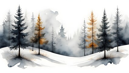 Naklejka premium Watercolor winter forest landscape painting with pine trees and snow covered ground art