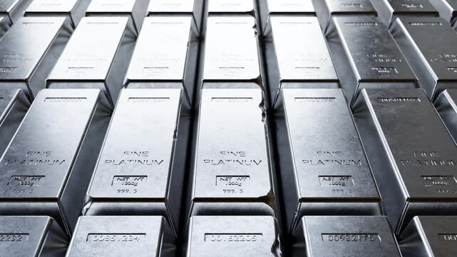 Shiny platinum bars arranged in perfect rows. Ideal for finance, wealth management, investment, banking, and precious metals themes. Clean cinematic composition for editorial and commercial use.
