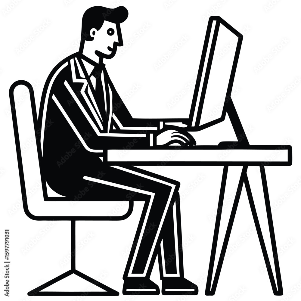 Poster black and white line drawing of a man in a suit working at a desk with a computer