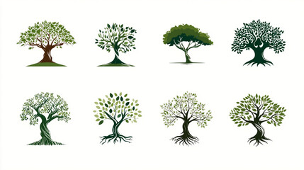 Fototapeta premium Eight tree illustrations with varying styles and leaf densities on a white background display