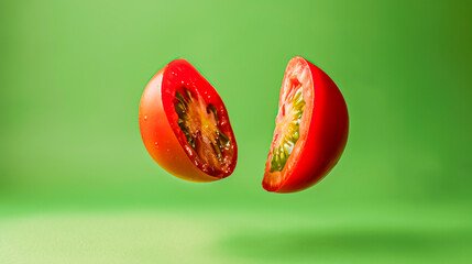 Clean green wall holds floating tomatoes and droplets, perfect for health-focused food content creation