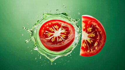 Suspended tomato slices sparkle with droplets on a minimal green wall, perfect for wellness branding