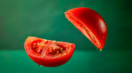 Minimal green background with floating tomatoes and water drops for modern health and food marketing