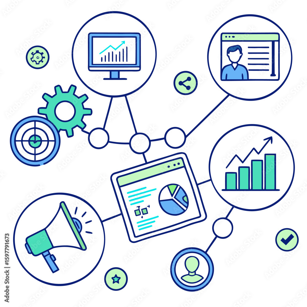 Aufkleber digital marketing strategy and analytics concept with icons for growth data and communication in a c