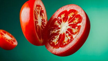 Glowing green background frames floating tomato slices with droplets in a fresh, modern food design