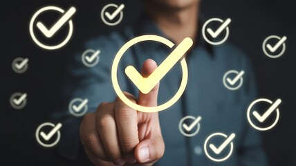 Businessman's hand touching a glowing checkmark icon on a virtual screen for quality assurance. Concept of business approval, process management, and task completion standards.