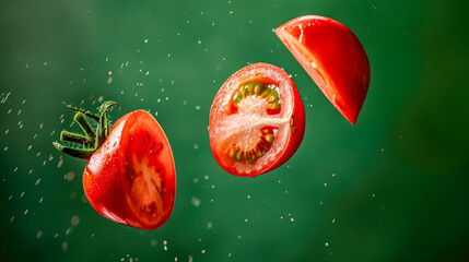 Fresh tomato slices appear to levitate, shining with droplets over a bold green background