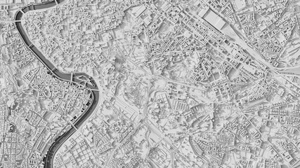 3D render map of Rome cityscape. 3D illustration of a top view of Rome, Italy.