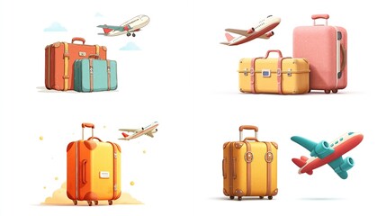 Luggage and planes playful cartoon collection of travel scenes on a white background