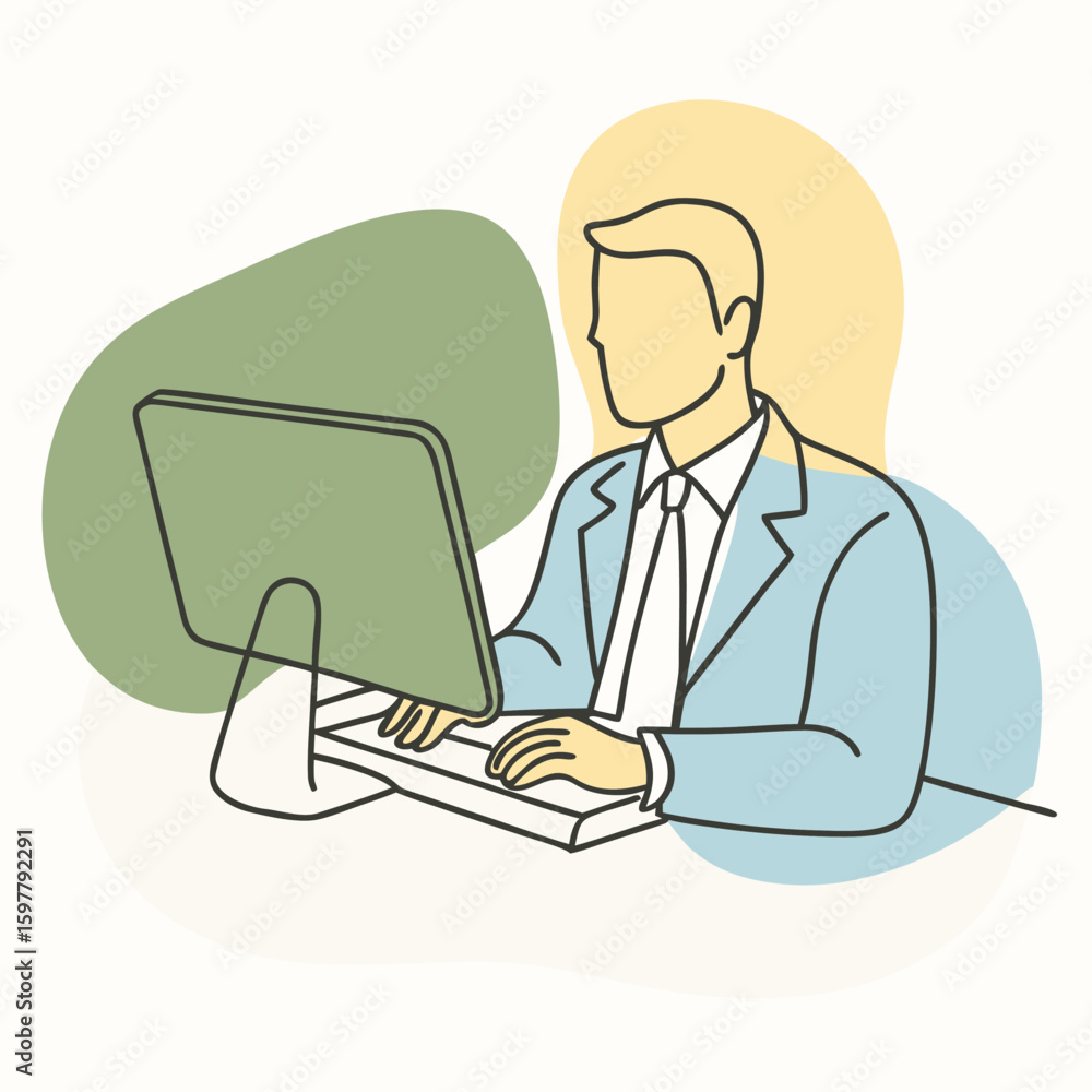 Fototapete Man in blue suit typing on computer with abstract shapes