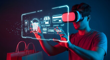 Man wearing vr headset interacting with holographic futuristic interface displaying shopping data.