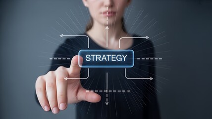 Conceptual Image of a Woman Interacting with a Digital Strategy Interface, Representing Planning, Decision-Making, and Future-Oriented Thinking in a Modern Business Environment