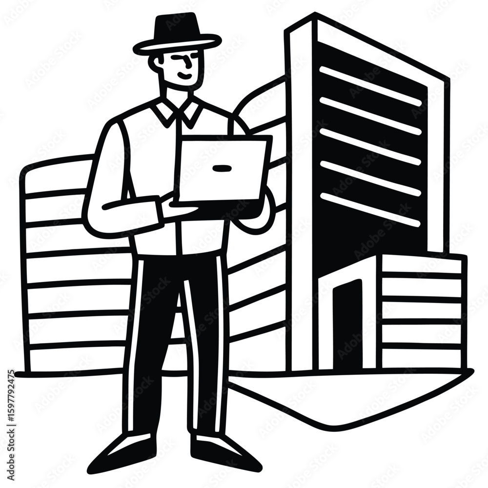 Aufkleber man in hat using laptop with abstract buildings computer