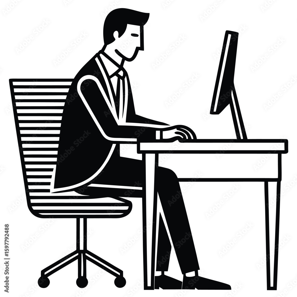 Poster man in suit typing on computer at desk businessman