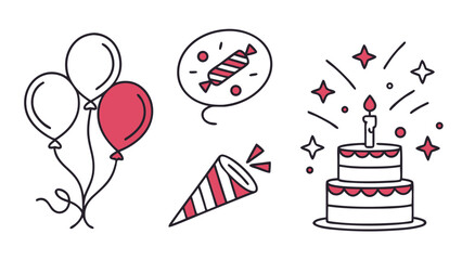 A festive collection of birthday party elements including balloons a candy a party popper and a layered cake with a lit candle and celebratory sparkles