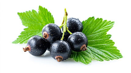 Black currant berries with leaves on a white background, top view isolated. Black berry fruits for healthy eating and skin care concepts.