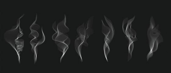 Realistic fire smoke, misty fog, food steam, hot water or cigarette fume and chimney vapor collection. haze and weather element pattern