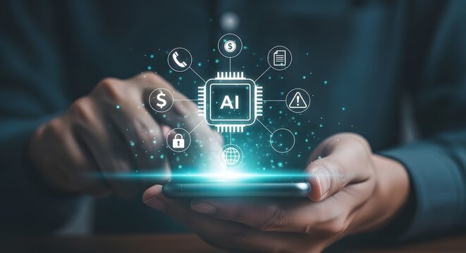 Person holding smartphone with ai chip and digital icons representing technology and data. - Powered by Adobe