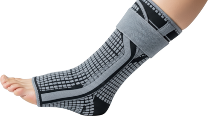 A person's ankle wearing a textured grey compression sleeve with adjustable strap isolate