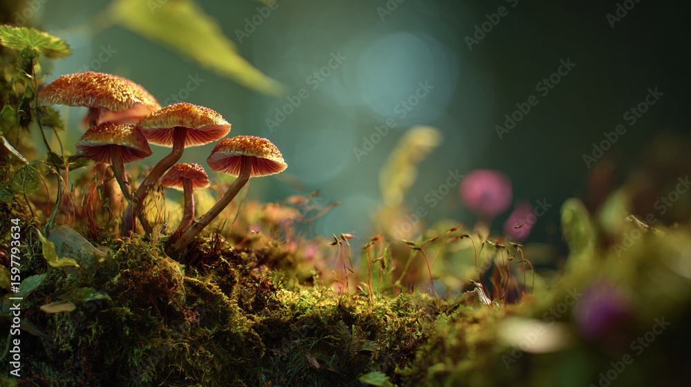 Poster close up of a cluster of mushrooms growing on a mossy surface in a forest with a blurred background