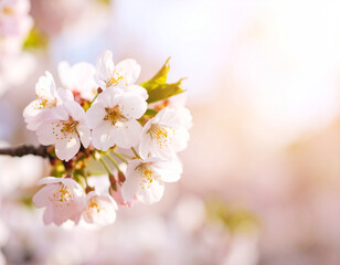 Close-up of blooming cherry blossom branch with blurred pastel background