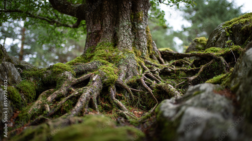 Poster a close up of a tree trunk and roots covered in moss with a blurred forest background view outside