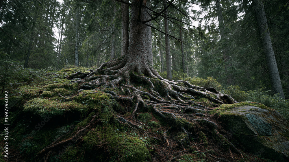 Poster a large tree with exposed roots covered in moss in a dense forest with tall trees in the background