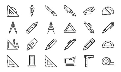 Set of black and white outline icons depicting various drafting and drawing tools