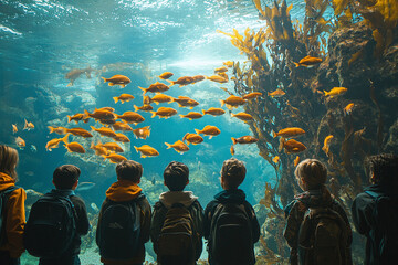 Children Observing Colorful Fish Swimming in an Aquarium Tank

