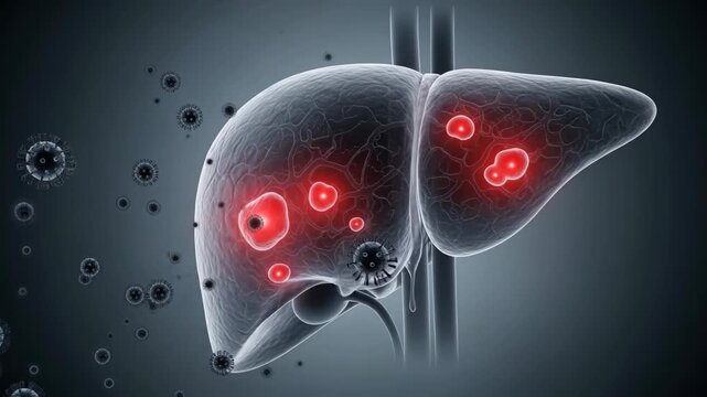 A detailed 3D rendering depicts a human liver affected by a viral infection, with glowing red areas indicating disease progression and microscopic viruses floating around. - Powered by Adobe