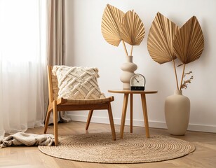 Boho Chic Interior with Palm Leaves and Wooden Chair