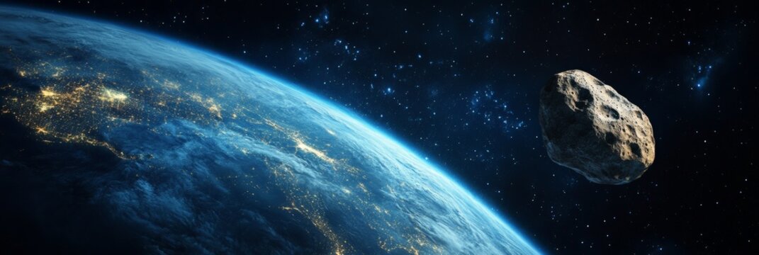 Huge asteroid approaching planet earth from space, potentially causing a catastrophic meteorite impact and threatening earth's atmosphere, cities, and population